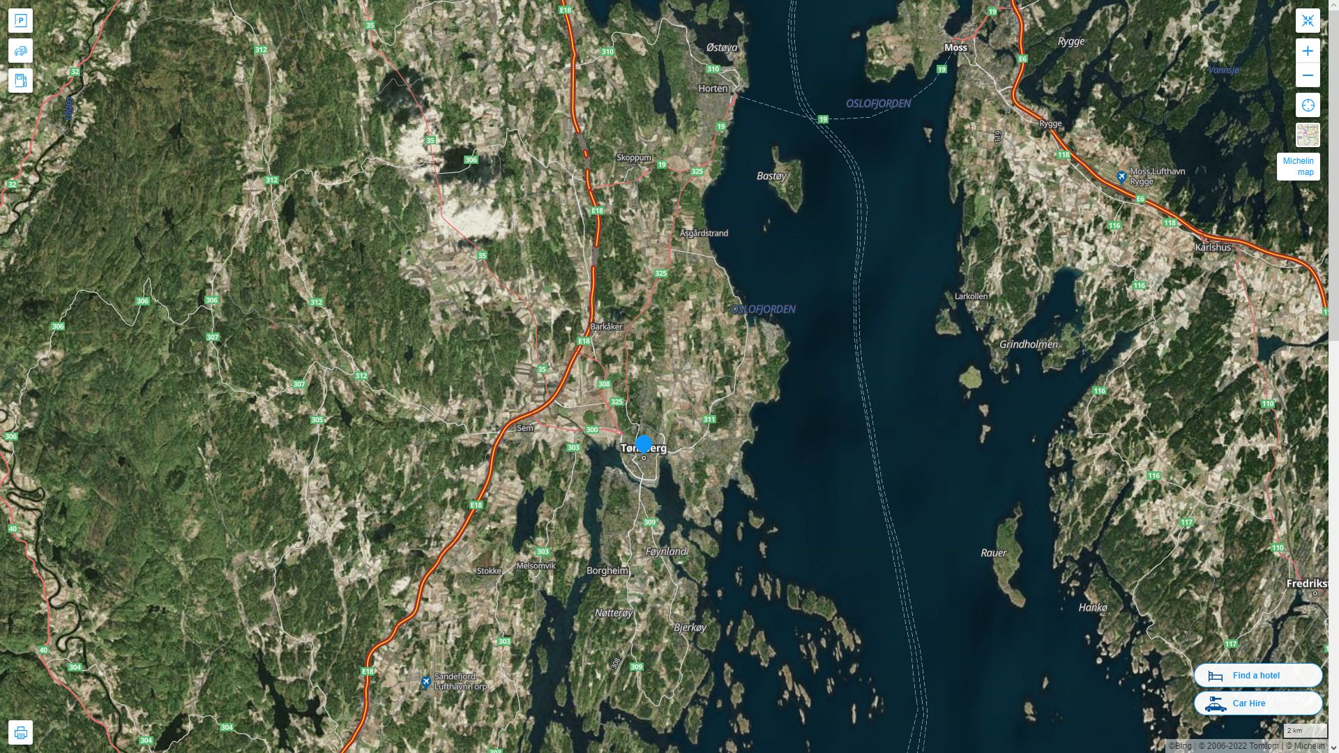 Tonsberg Norvege Autoroute et carte routiere avec vue satellite
